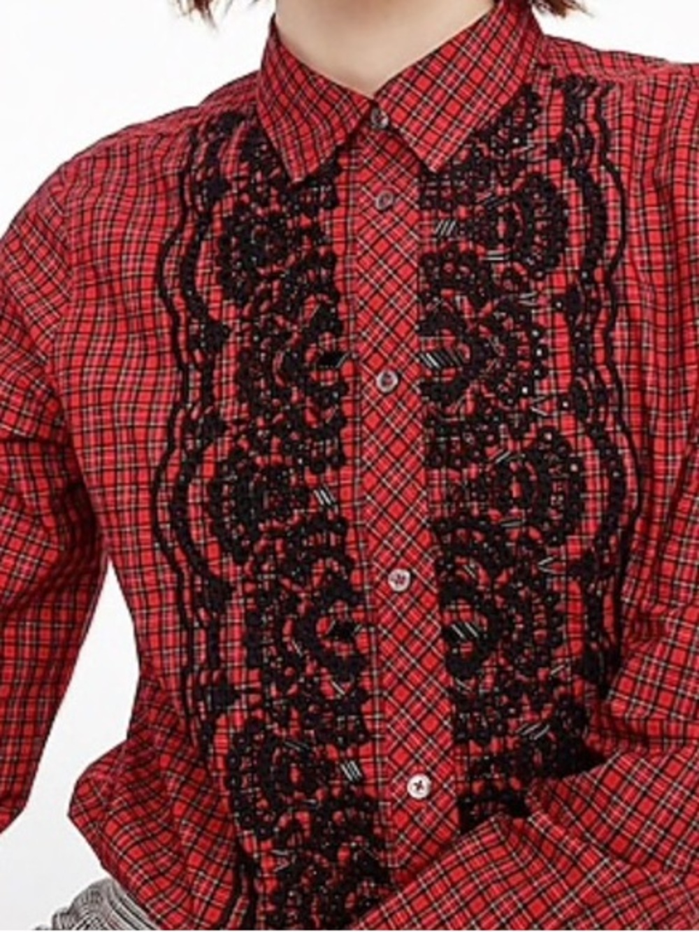 J. Crew Red Plaid Button-Down Shirt with Black Lace Embellishment